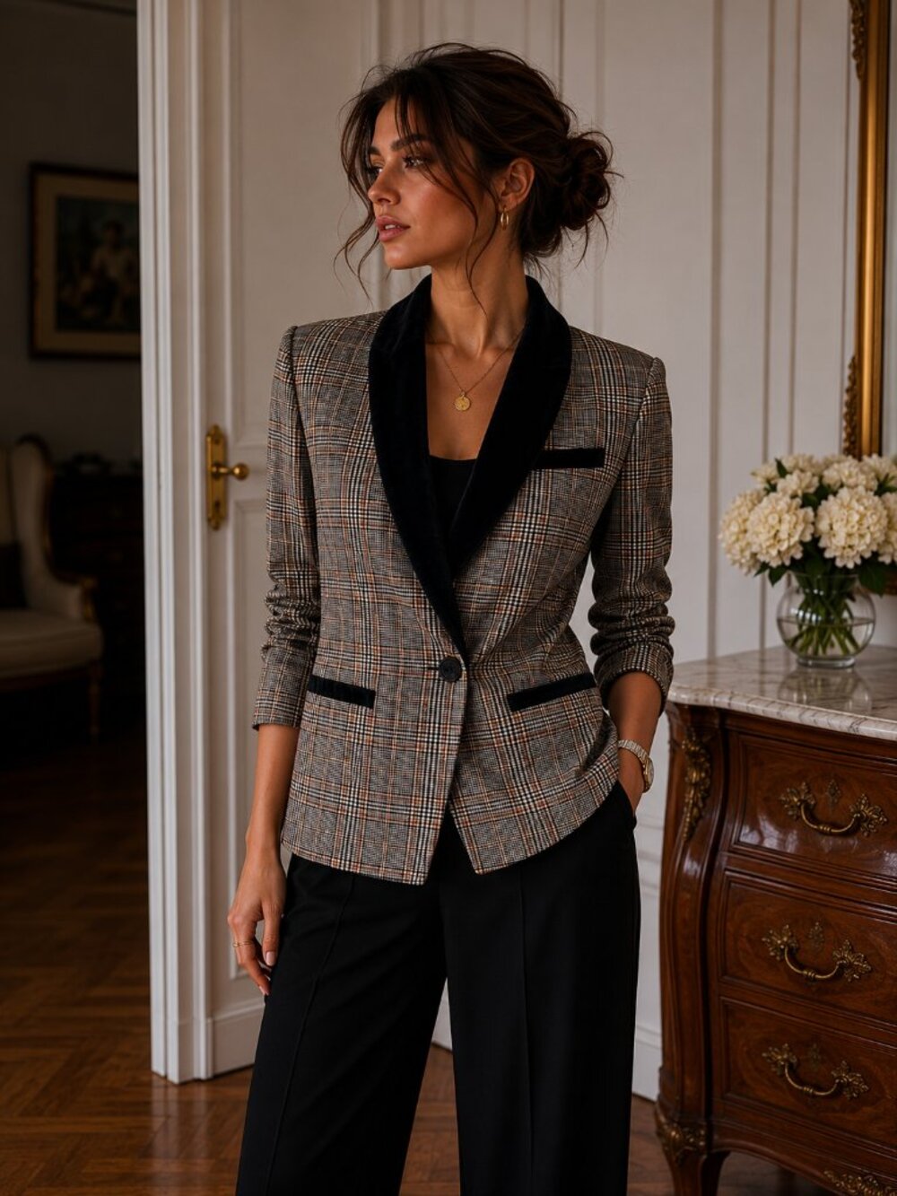 Free People Plaid Velvet Collar Blazer XS Double Breasted Preppy Old Money
